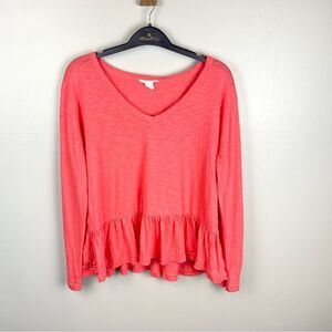 Caslon V-Neck Peplum Long Sleeve Top Pink Small Petite